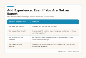 Examples of how to show real experience in affiliate content and product reviews.