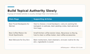 Examples of topical authority content clusters for affiliate websites.